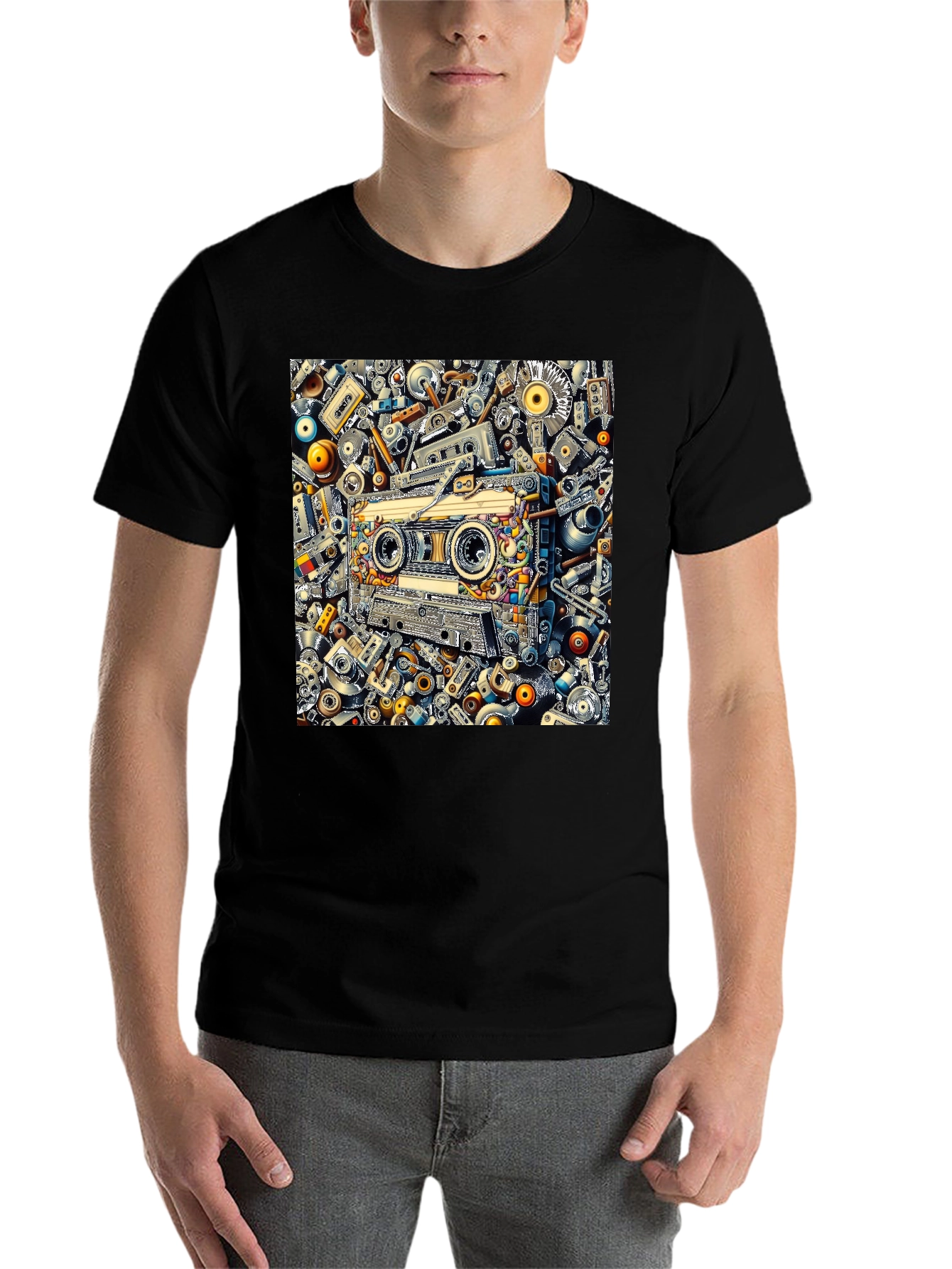 Black Cassette Tape Collage Graphic Tee - Retro Style view 7