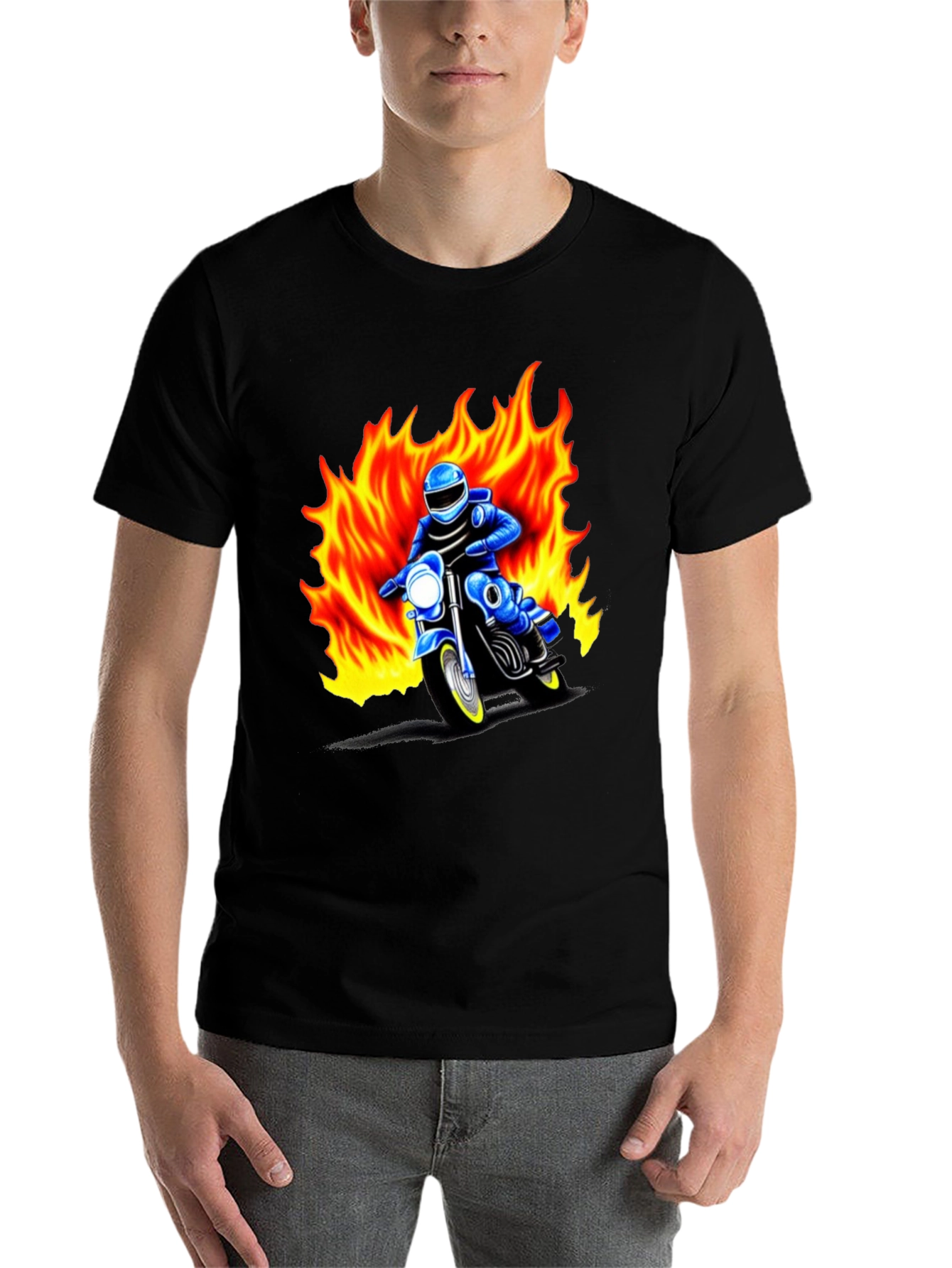 Black Men's Graphic T-Shirt - Motorcycle Rider in Flames view 7