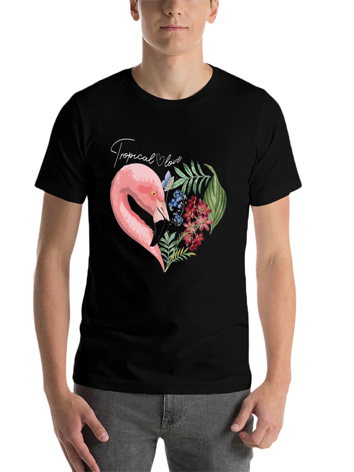 Black Tropical Flamingo Heart Graphic Tee - Black view 7