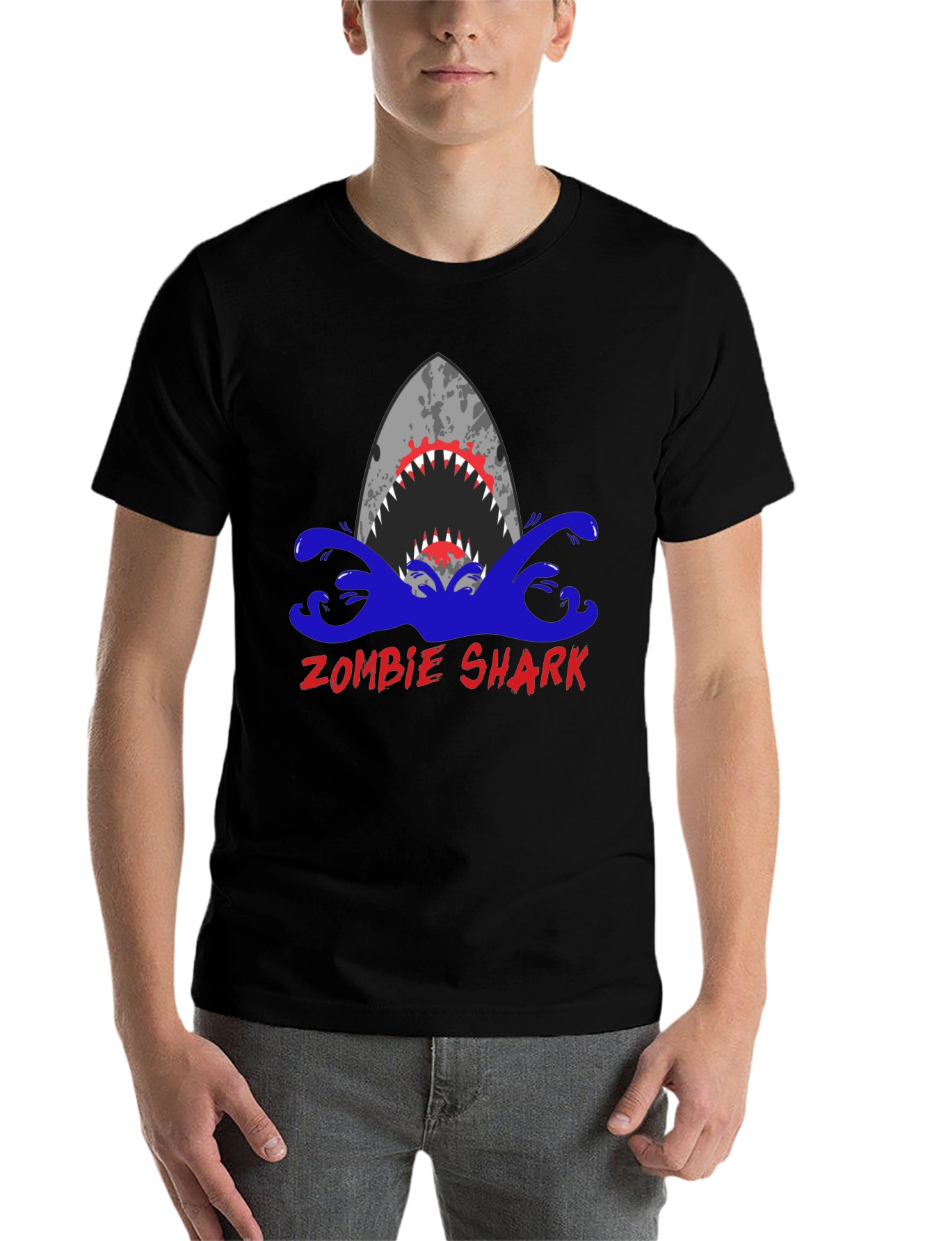 Black Zombie Shark Graphic Tee - Men's Black T-Shirt view 7