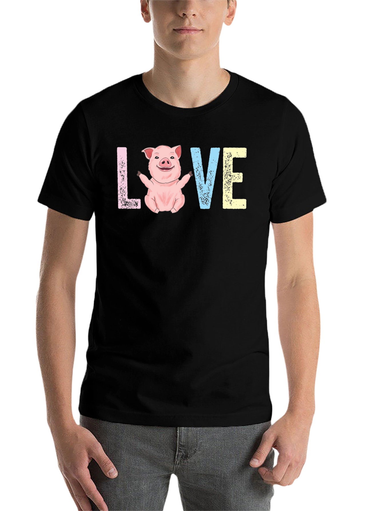Black Cute Pig LOVE Graphic T-Shirt - Unisex Crew Neck view 7
