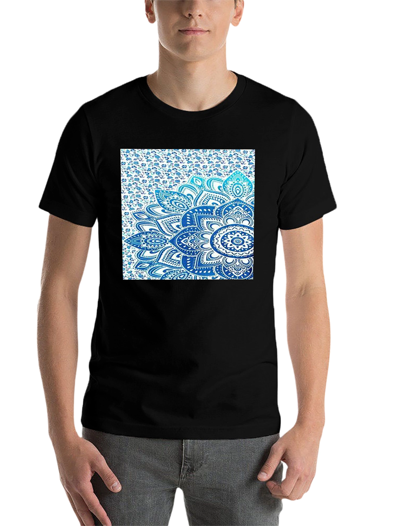 Men's Black Tee with Blue Mandala Print - 7