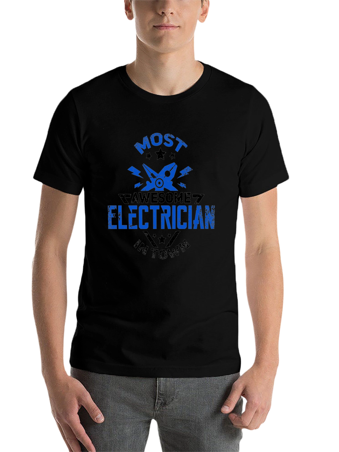 Black Awesome Electrician T-Shirt - Black Crew Neck view 7