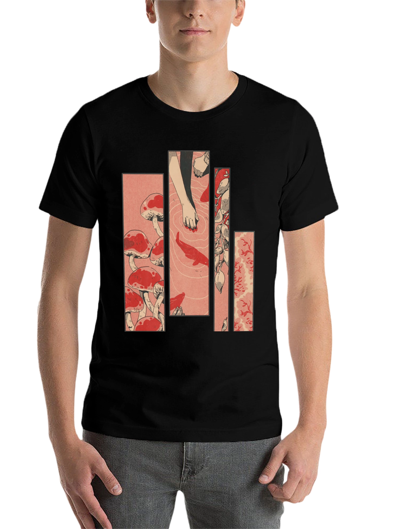 Black Ukiyo-e Style Mushroom & Koi Pond Graphic Tee view 7