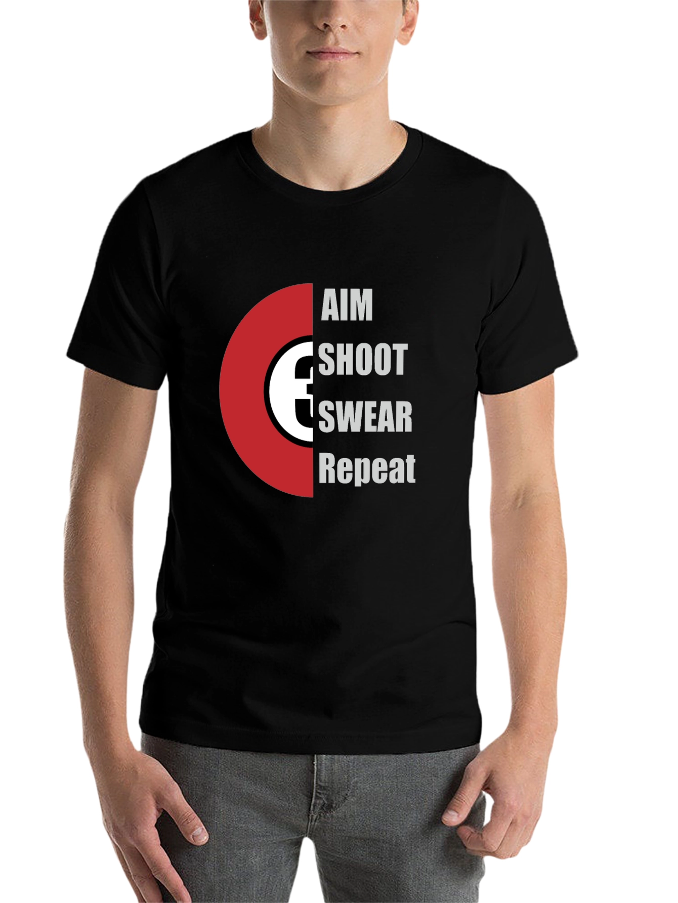 Black Aim Shoot Swear Repeat T-Shirt - Funny Gamer Tee view 7