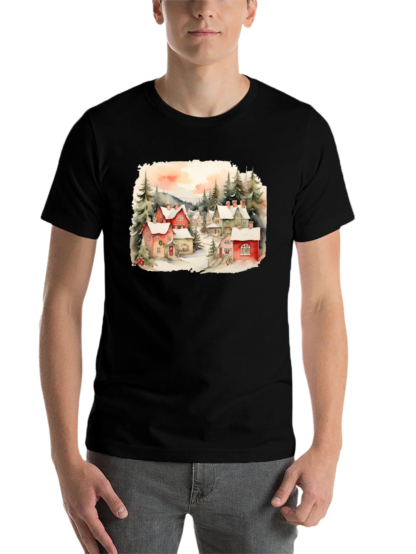 Black Watercolor Winter Village T-Shirt view 7