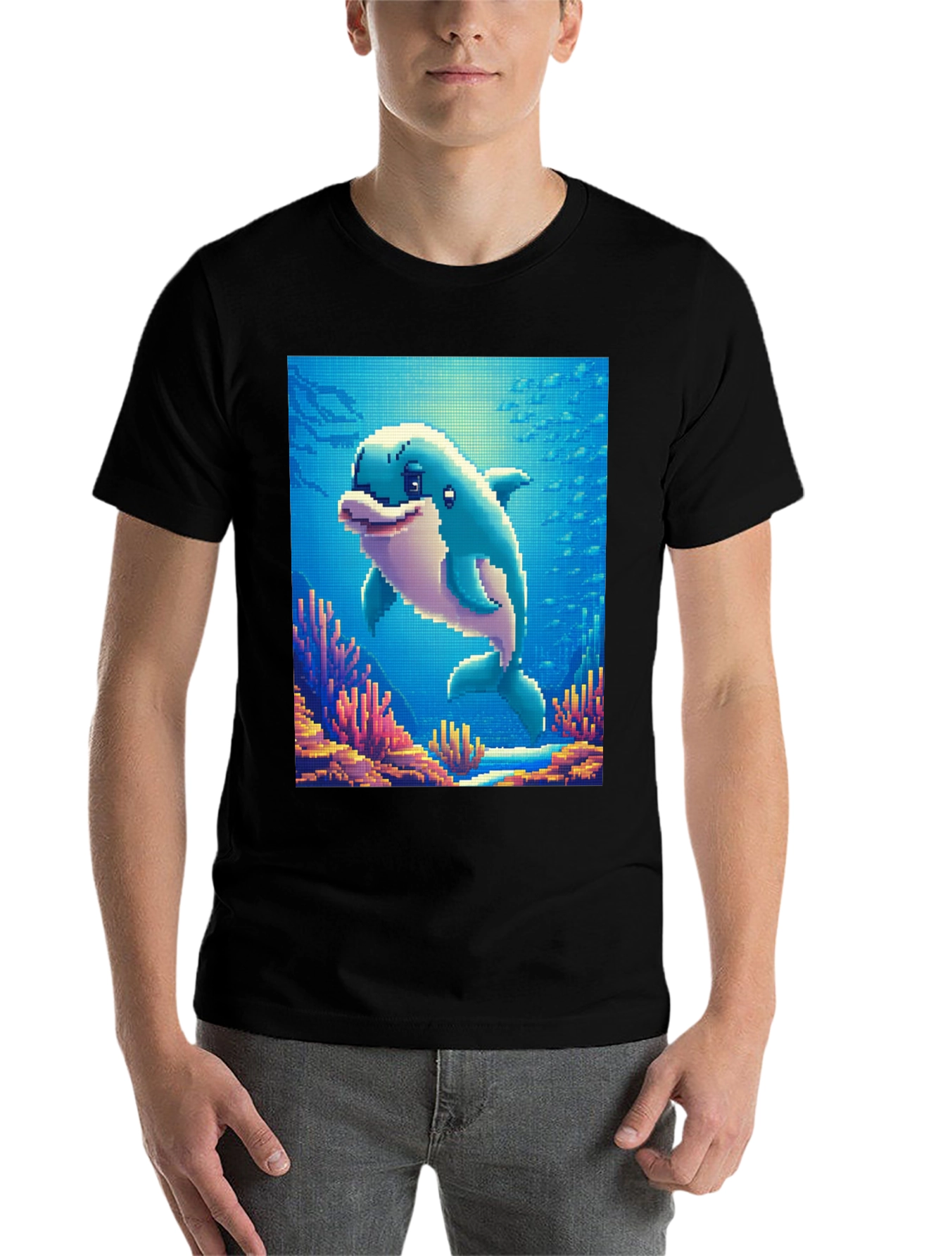 Black Pixel Dolphin Graphic Tee - Underwater Adventure Shirt view 7