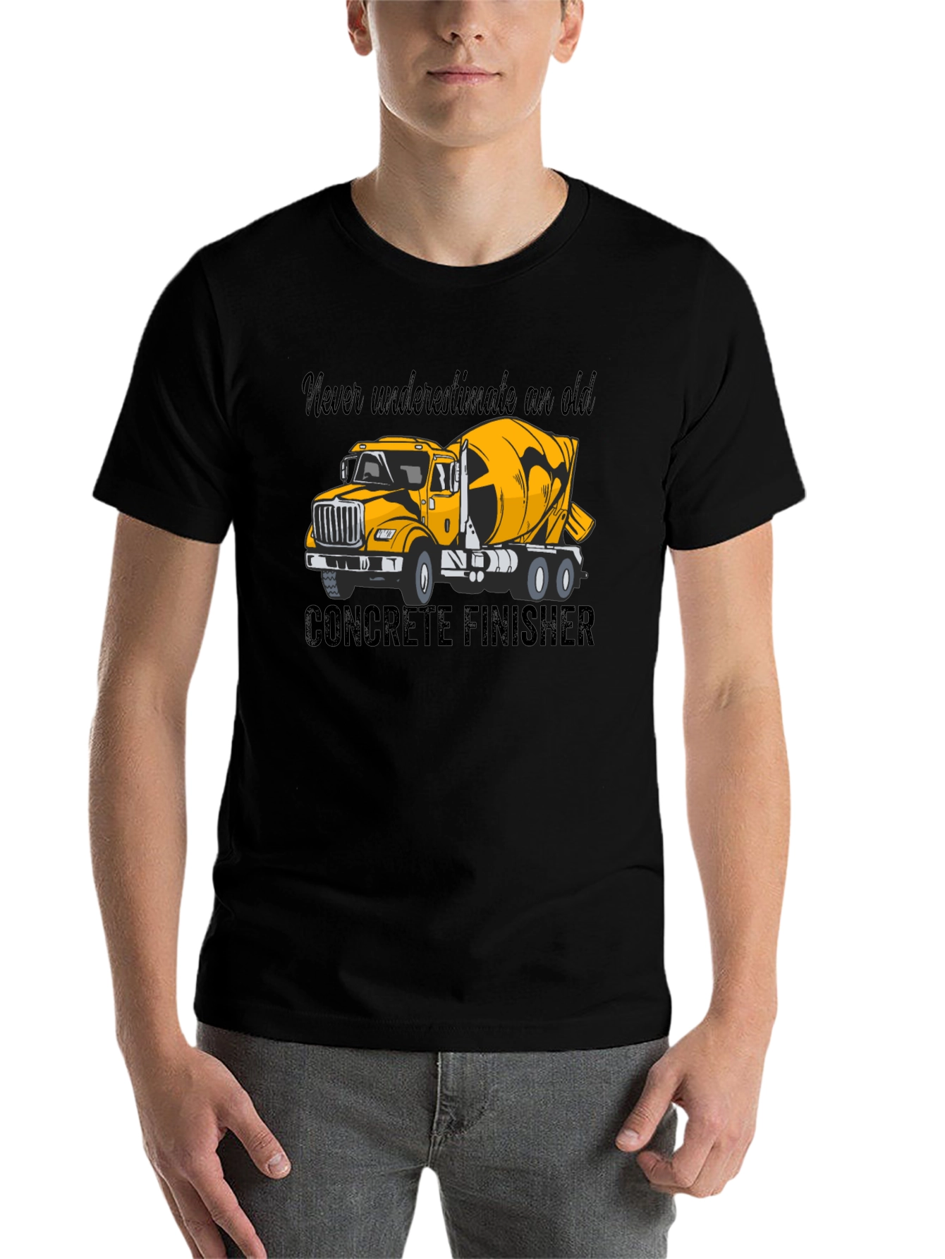 Black Concrete Finisher T-Shirt - Yellow Truck Graphic Tee view 7