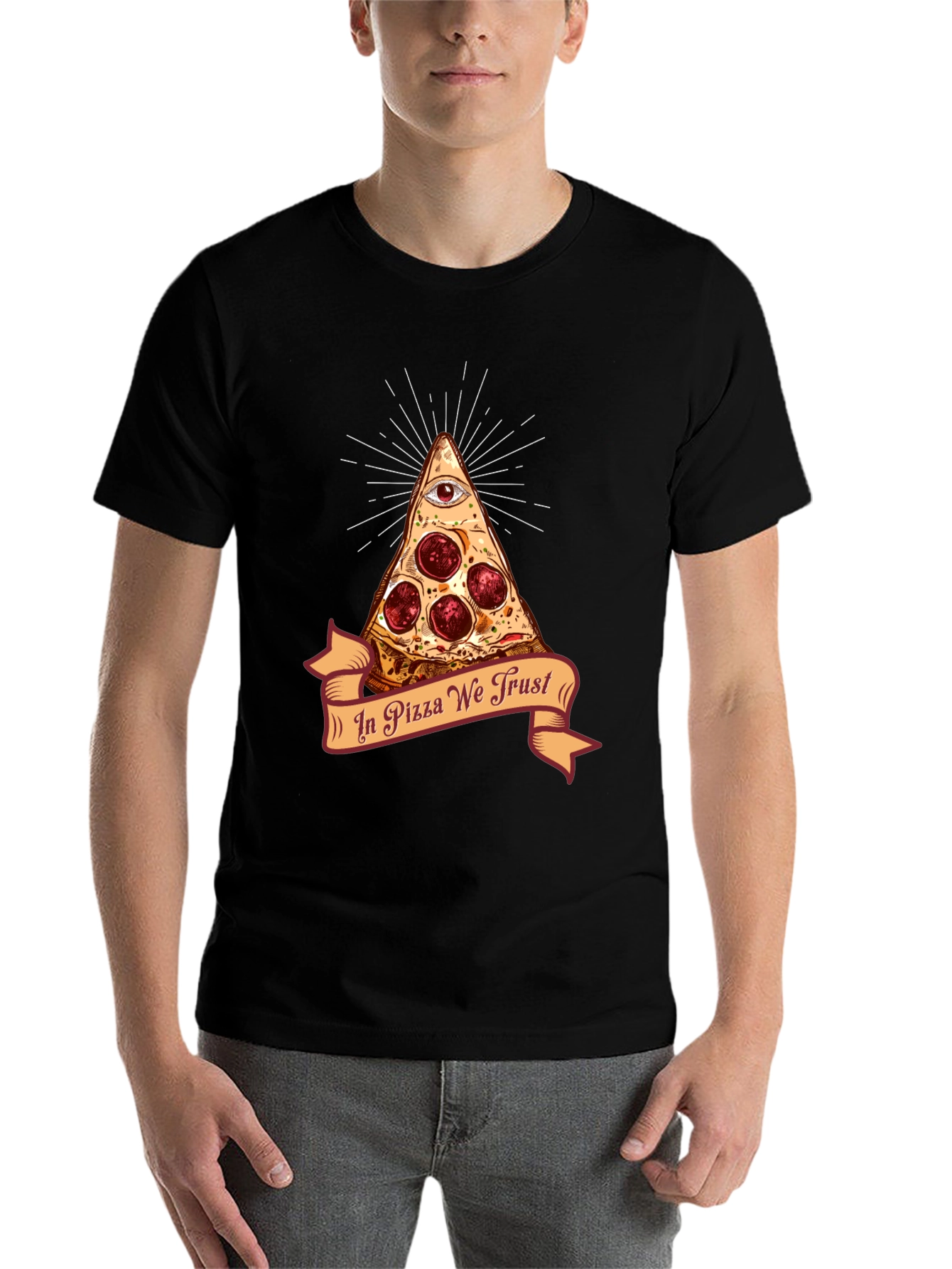 Black Pizza Illuminati T-Shirt - In Pizza We Trust Funny Tee view 7