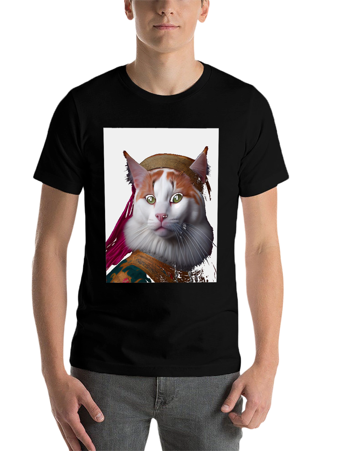 Black Mona Lisa Cat T-Shirt - Artful Feline Portrait view 7