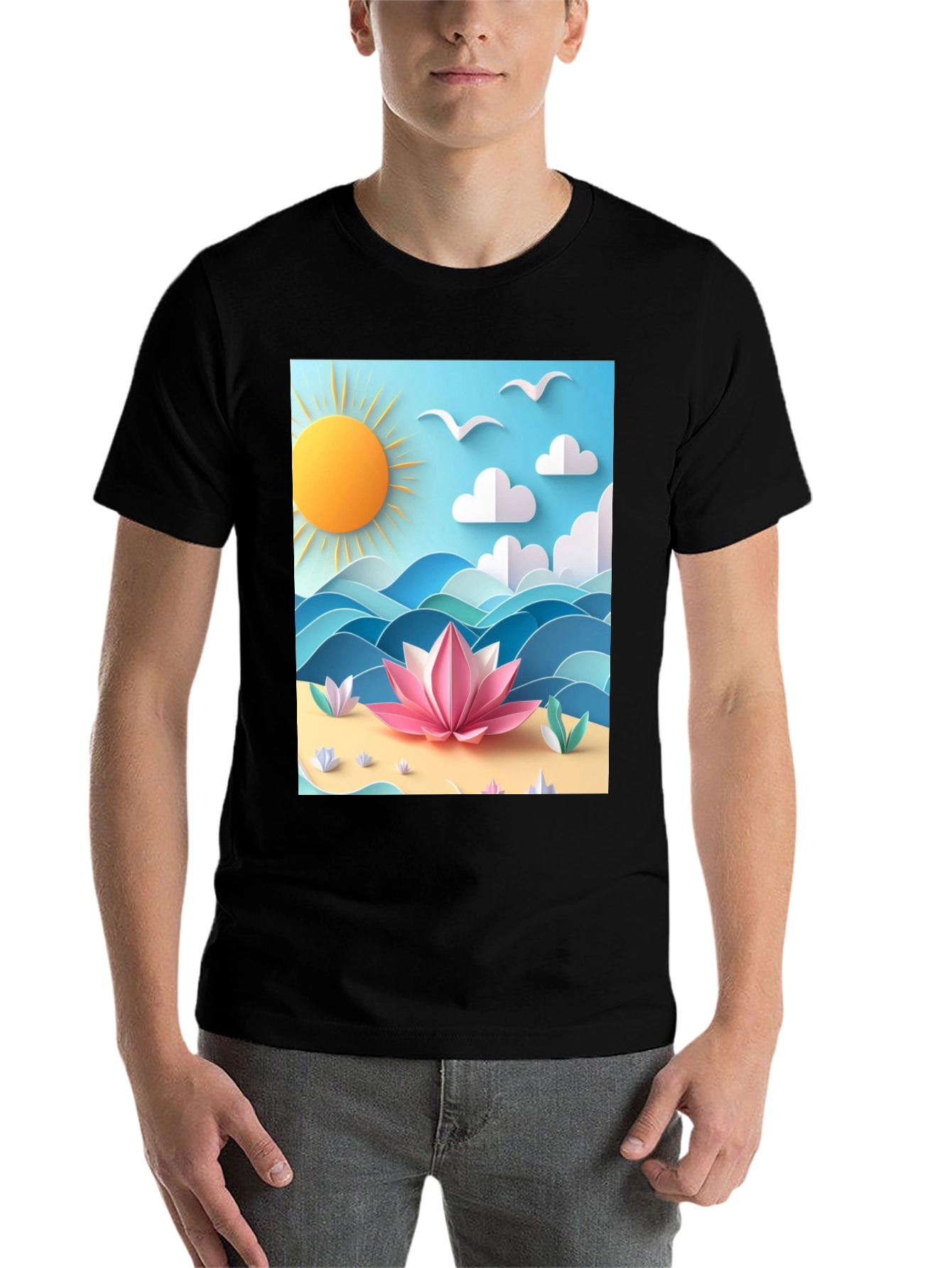 Black Black Tee with Beach Lotus Graphic view 7