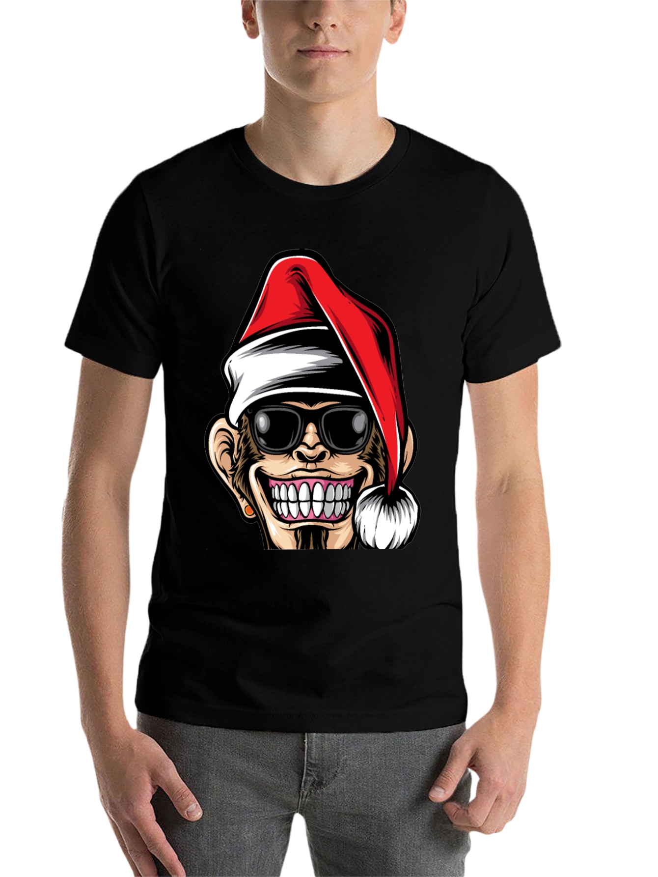 Black Funny Monkey Santa Hat T-Shirt view 7