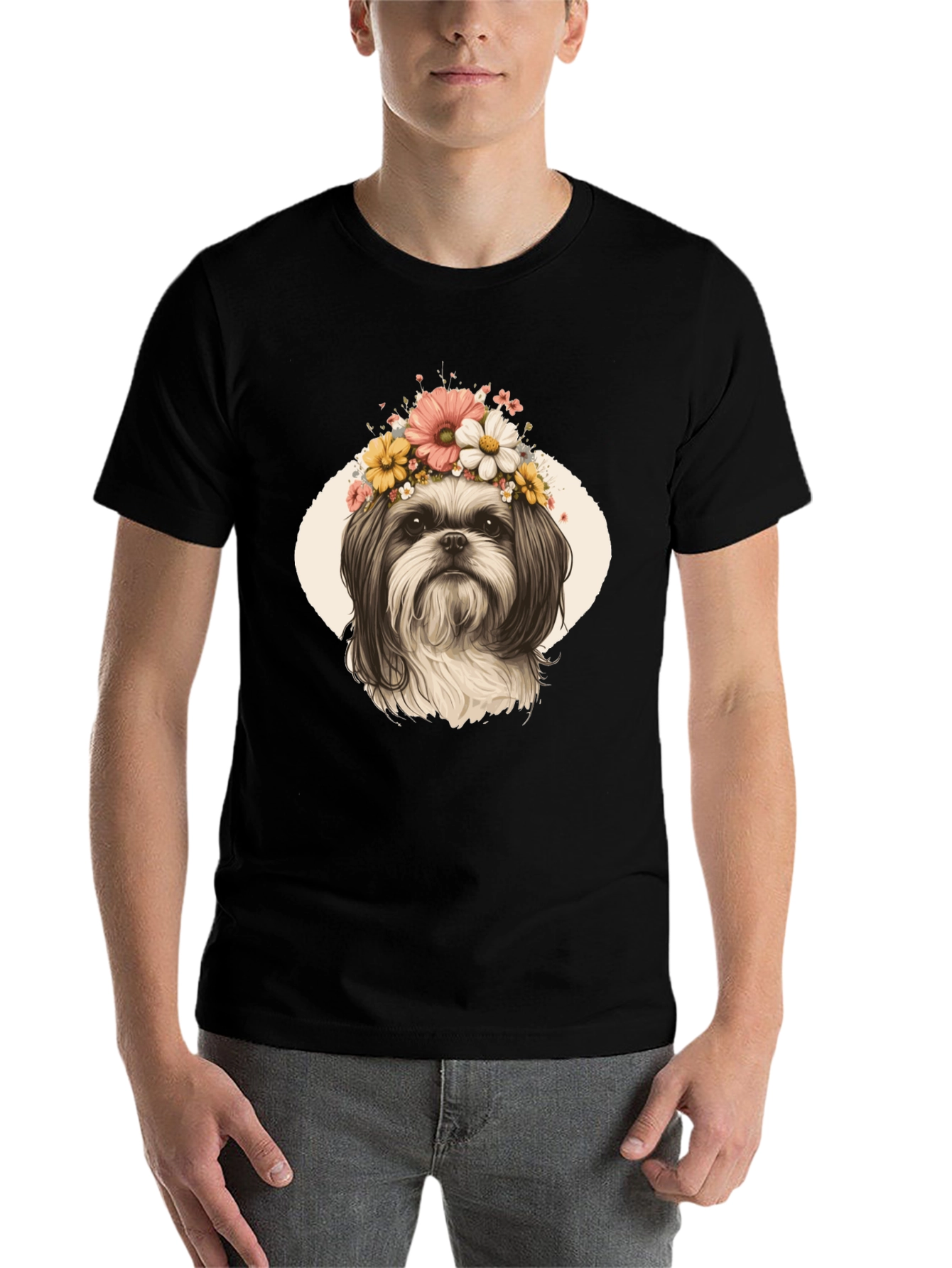 Black Dog with Flower Crown Graphic T-Shirt view 7