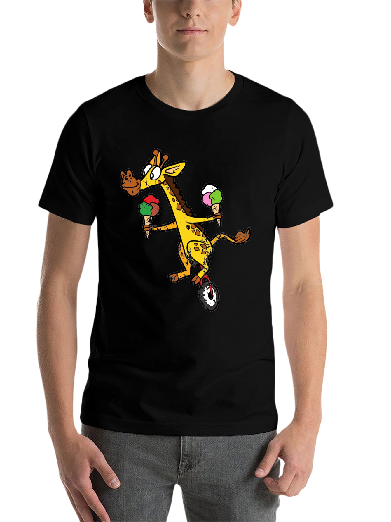 Black Giraffe On Unicycle T-Shirt view 7