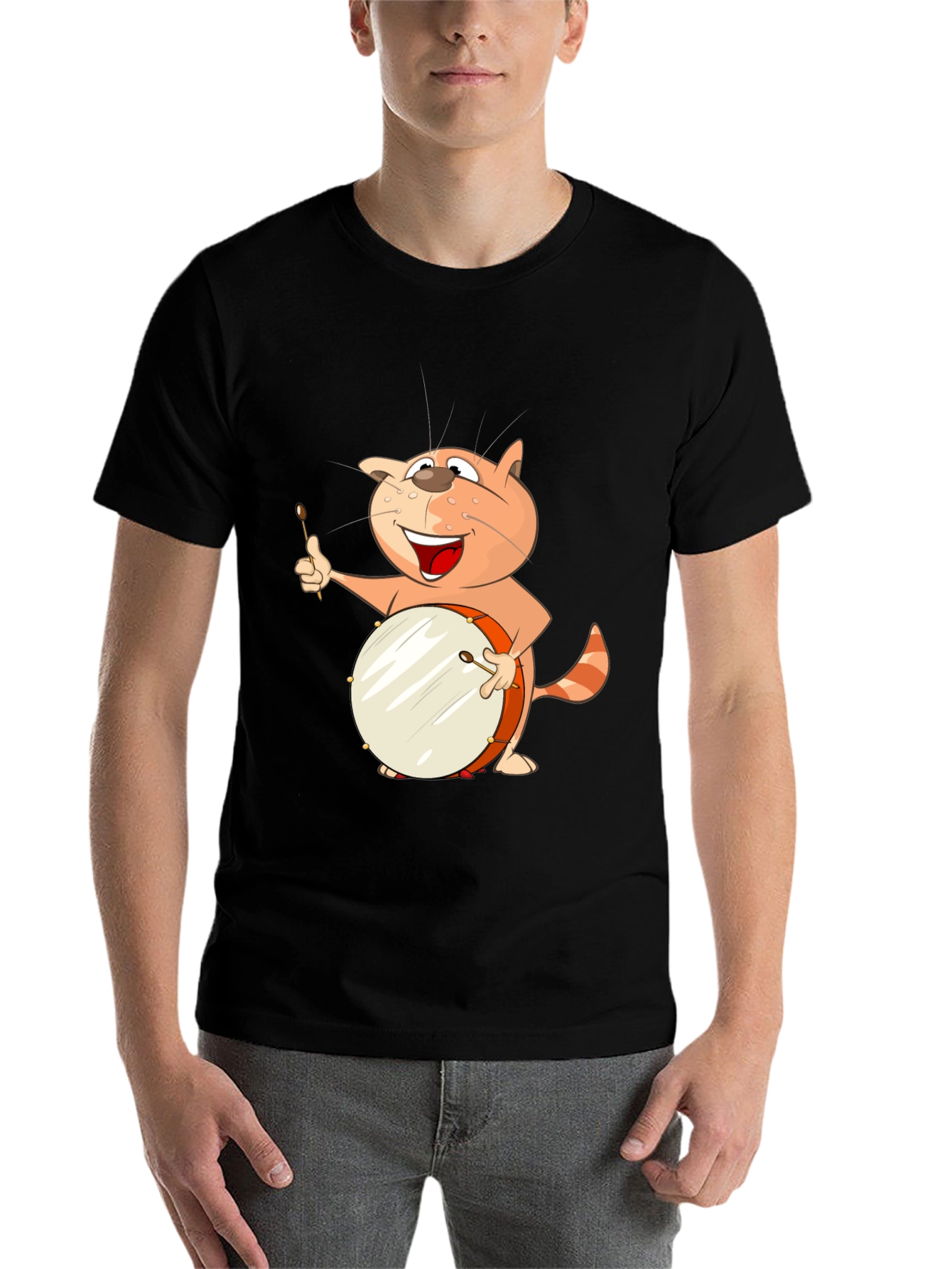 Black Funny Cat Drummer T-Shirt view 7
