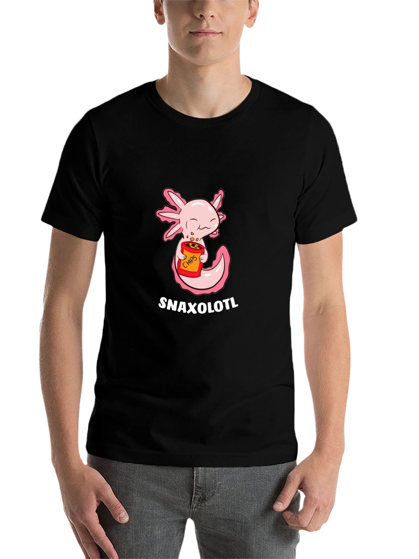 Black Snaxolotl T-Shirt - Cute Axolotl Eating Chips! view 7