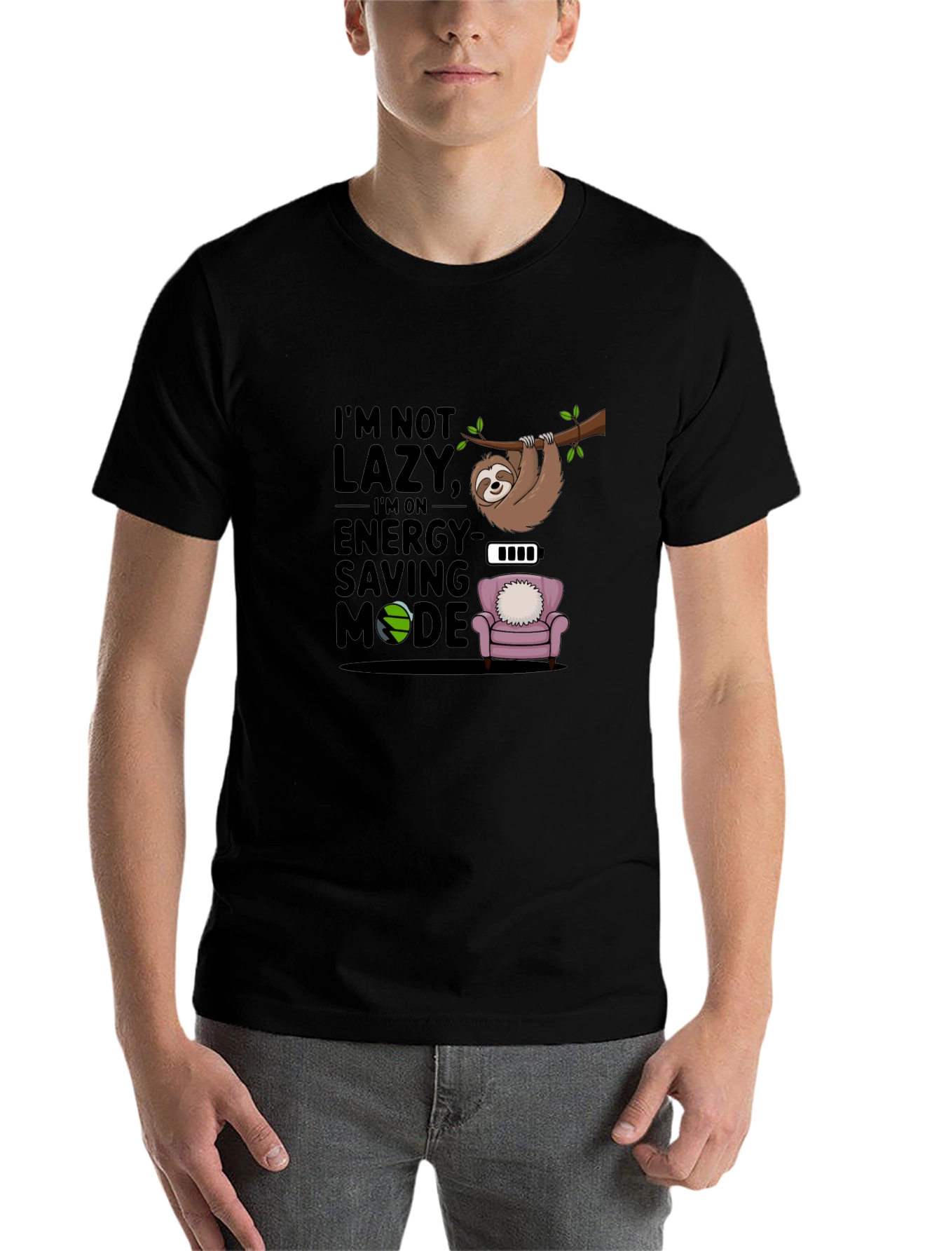 Black I'm Not Lazy T-Shirt, Sloth Energy Saving Mode Tee view 7
