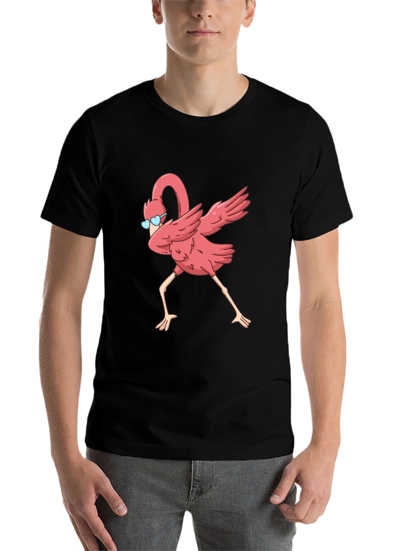 Black Dabbing Flamingo Graphic Tee - Black Cotton T-Shirt view 7