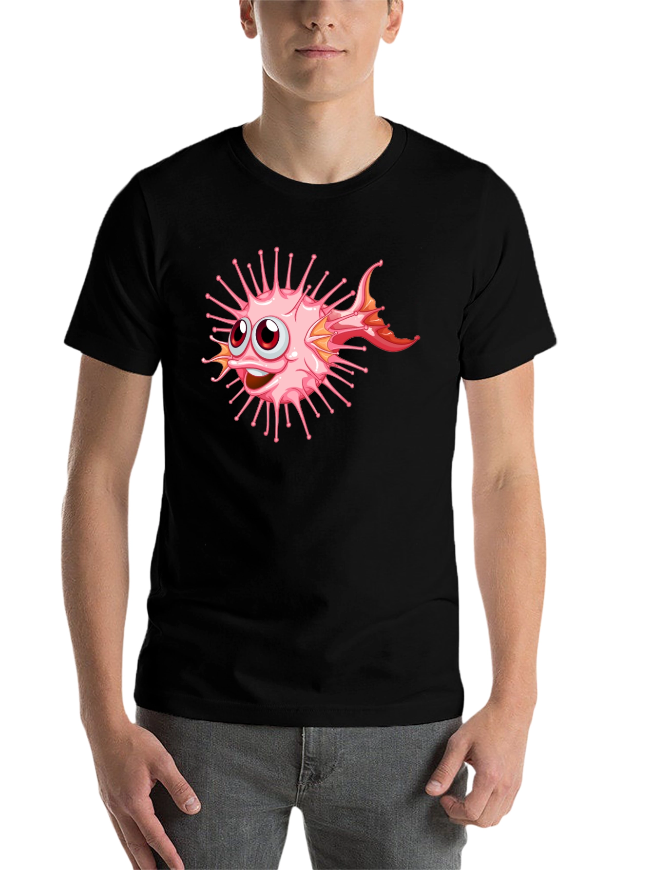 Black Cartoon Pufferfish Graphic Black T-Shirt view 7