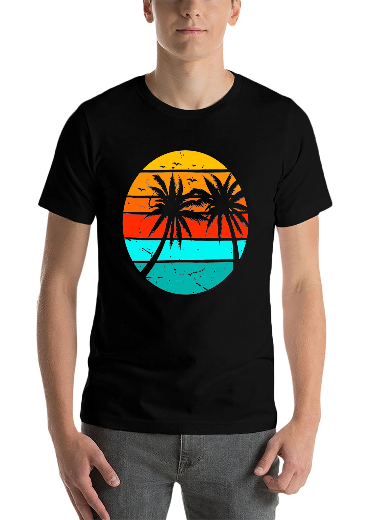 Black Retro Sunset Palm Tree Graphic T-Shirt view 7