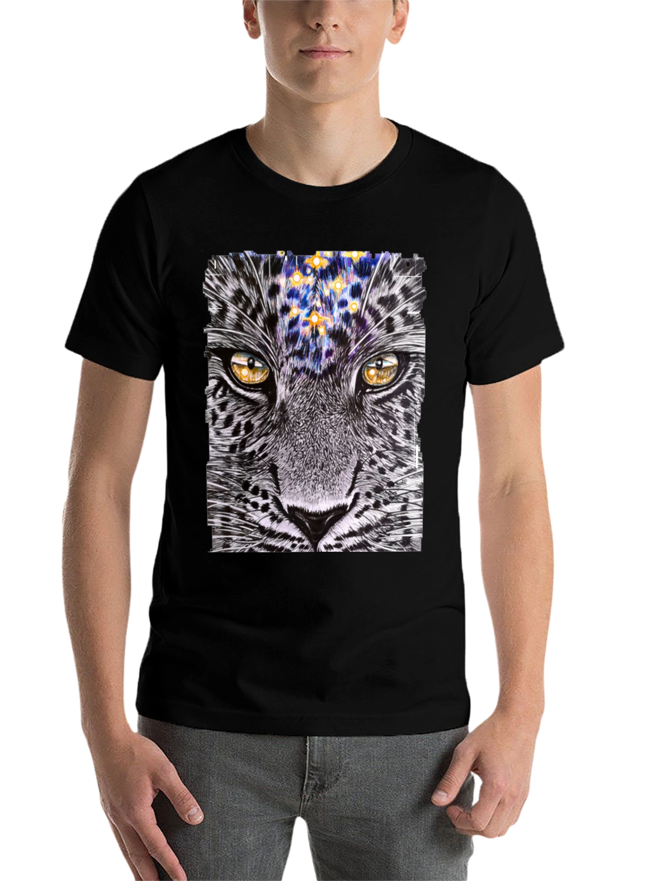 Black Leopard Stargazer Graphic T-Shirt - Unique Animal Print Tee view 7