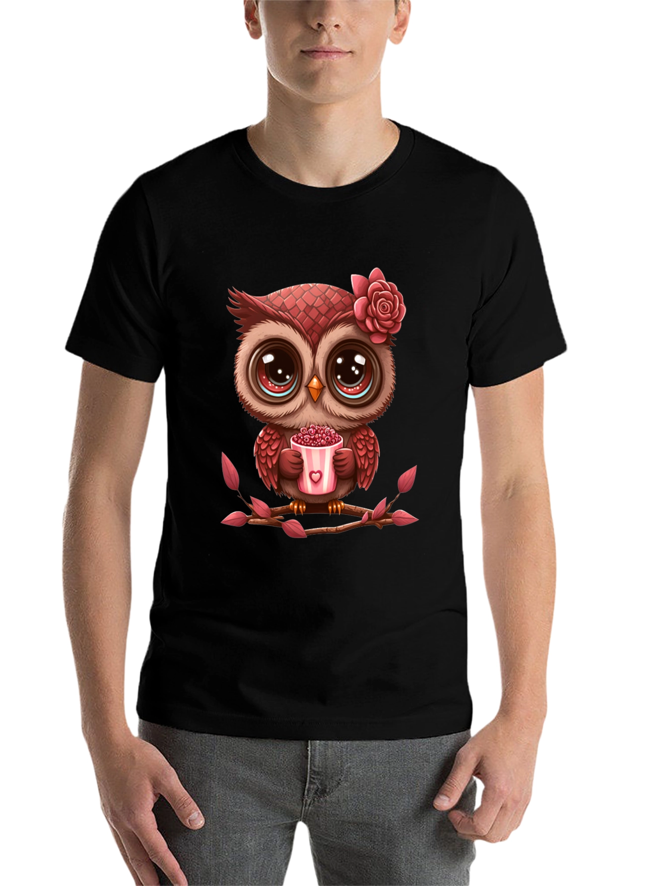 Black Cute Owl Valentine's Day Black T-Shirt view 7