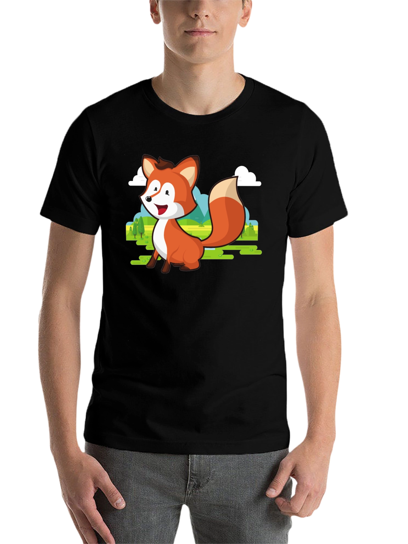 Black Cute Fox Cartoon T-Shirt - Men's Black Tee view 7