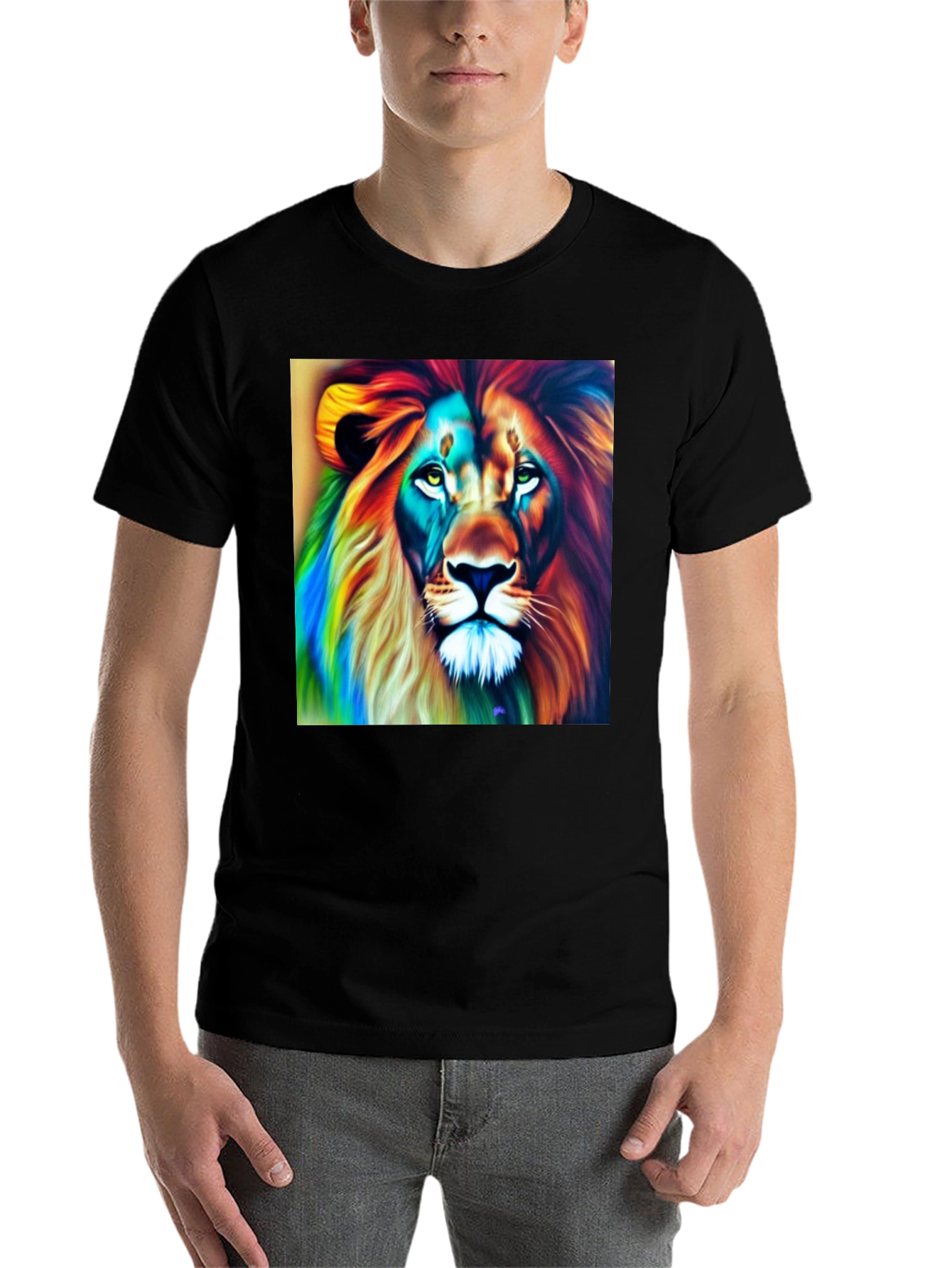 Colorful Lion Graphic Tee - Men's Black T-Shirt - 7