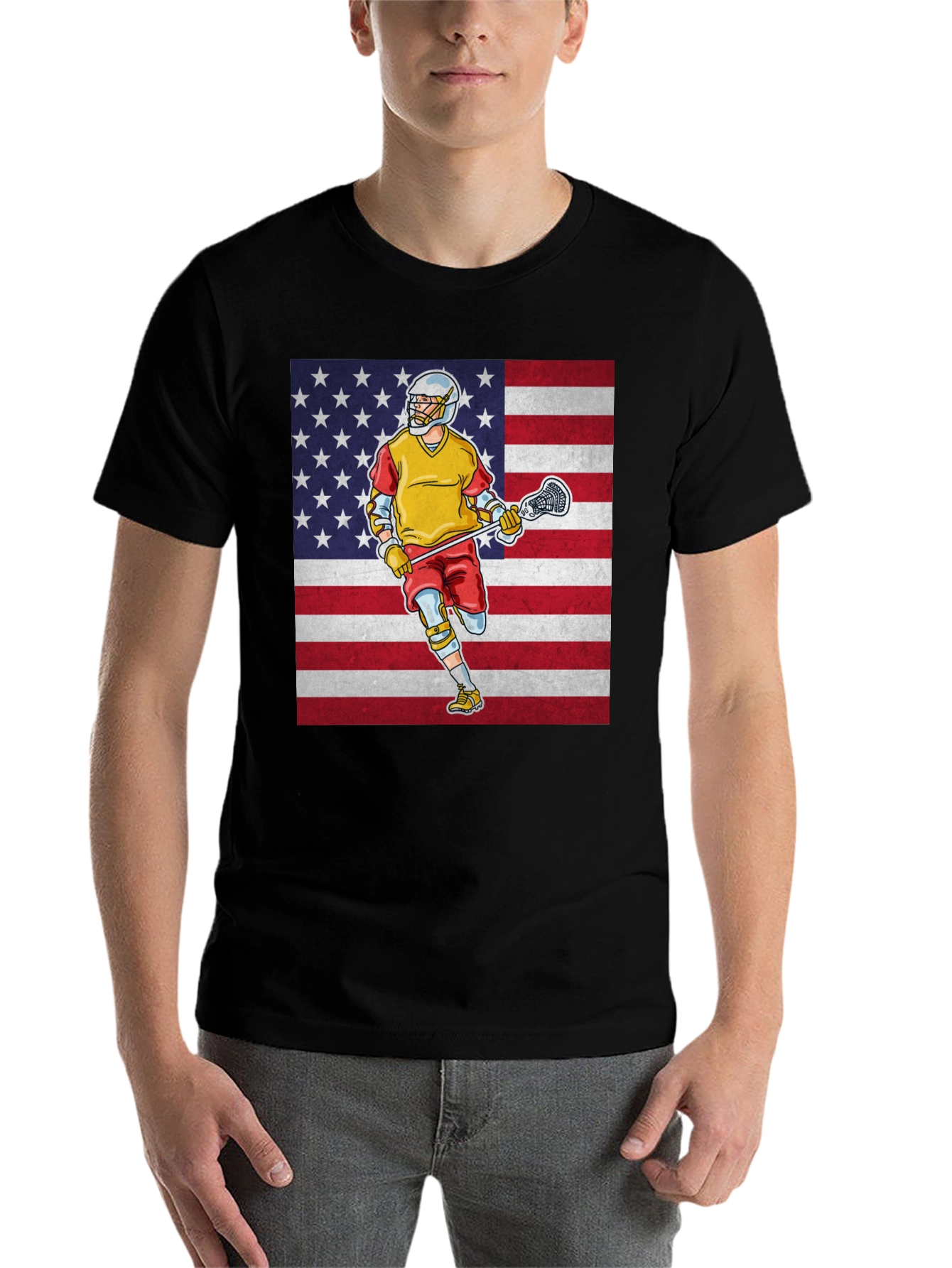 Black American Lacrosse Player Graphic T-Shirt view 7