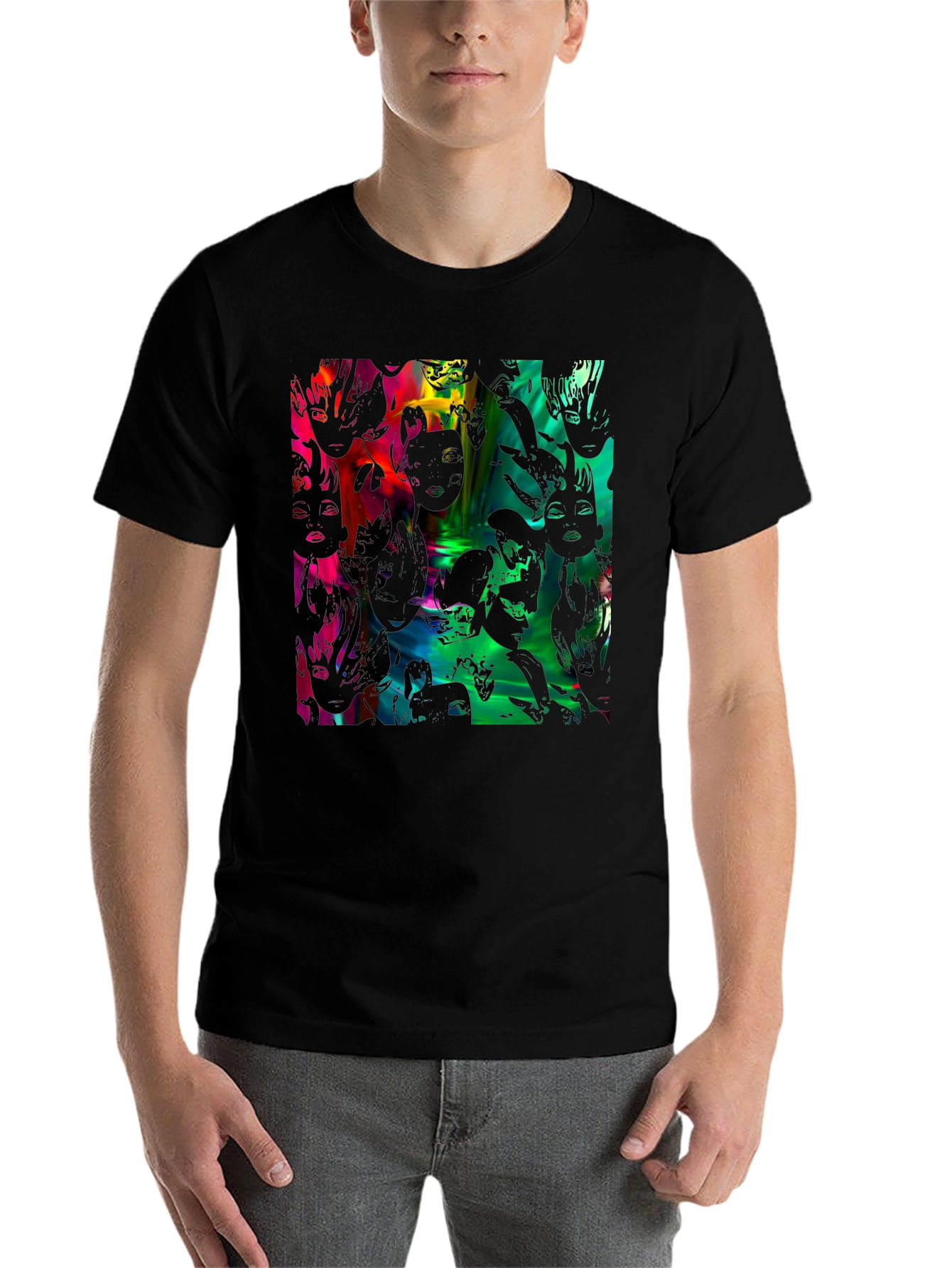 Black Abstract Faces Graphic Black Tee view 7