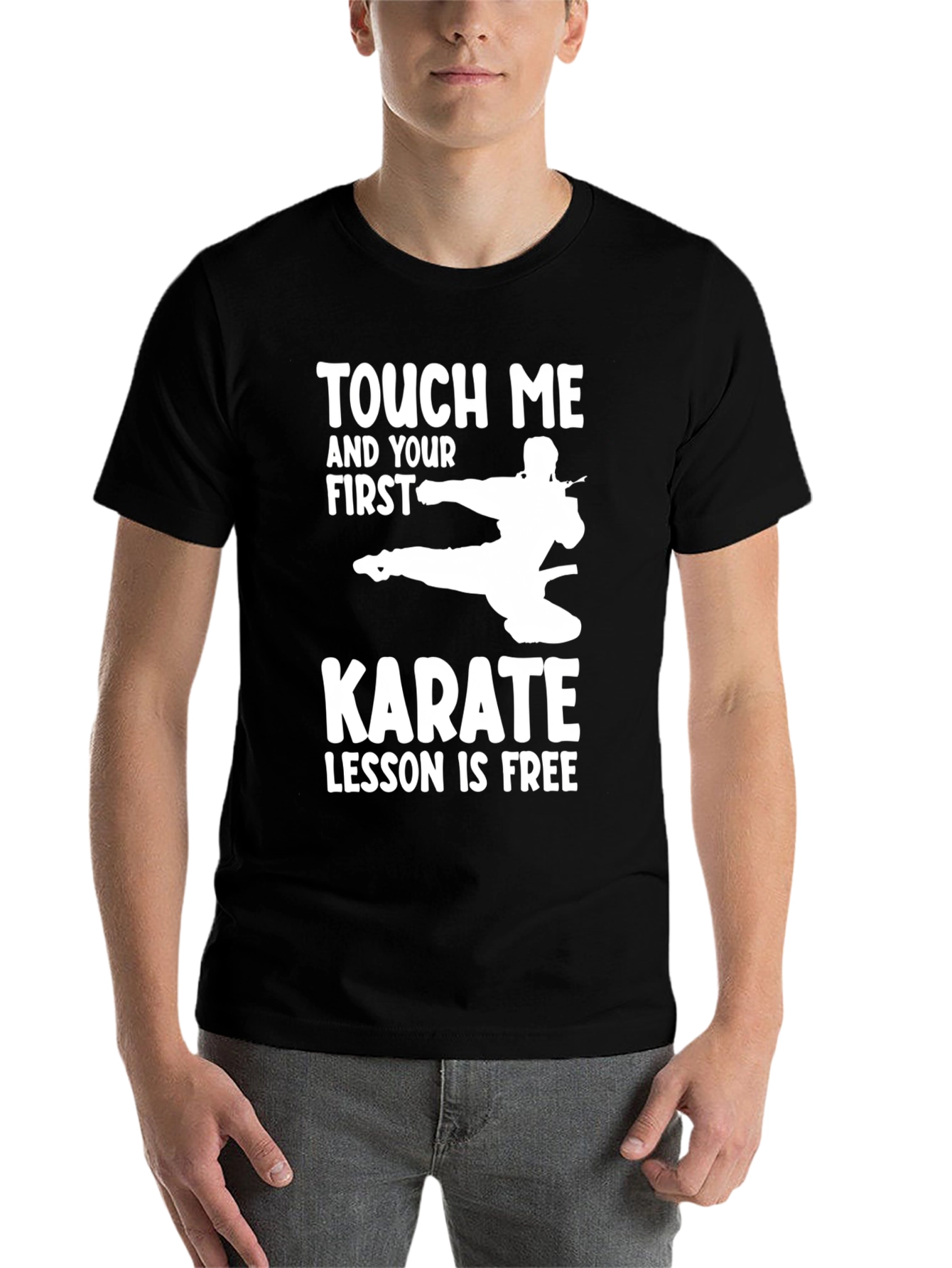 Black Touch Me Karate Free Lesson Funny T-Shirt view 7