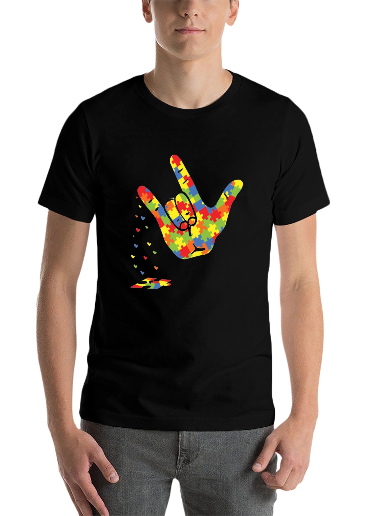 Black Autism Awareness Puzzle Hand Gesture T-Shirt view 7