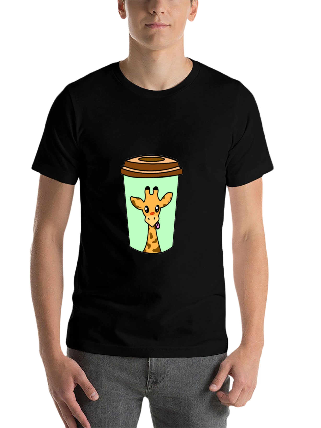 Black Giraffe in Cup Graphic Tee - Novelty Animal Shirt view 7