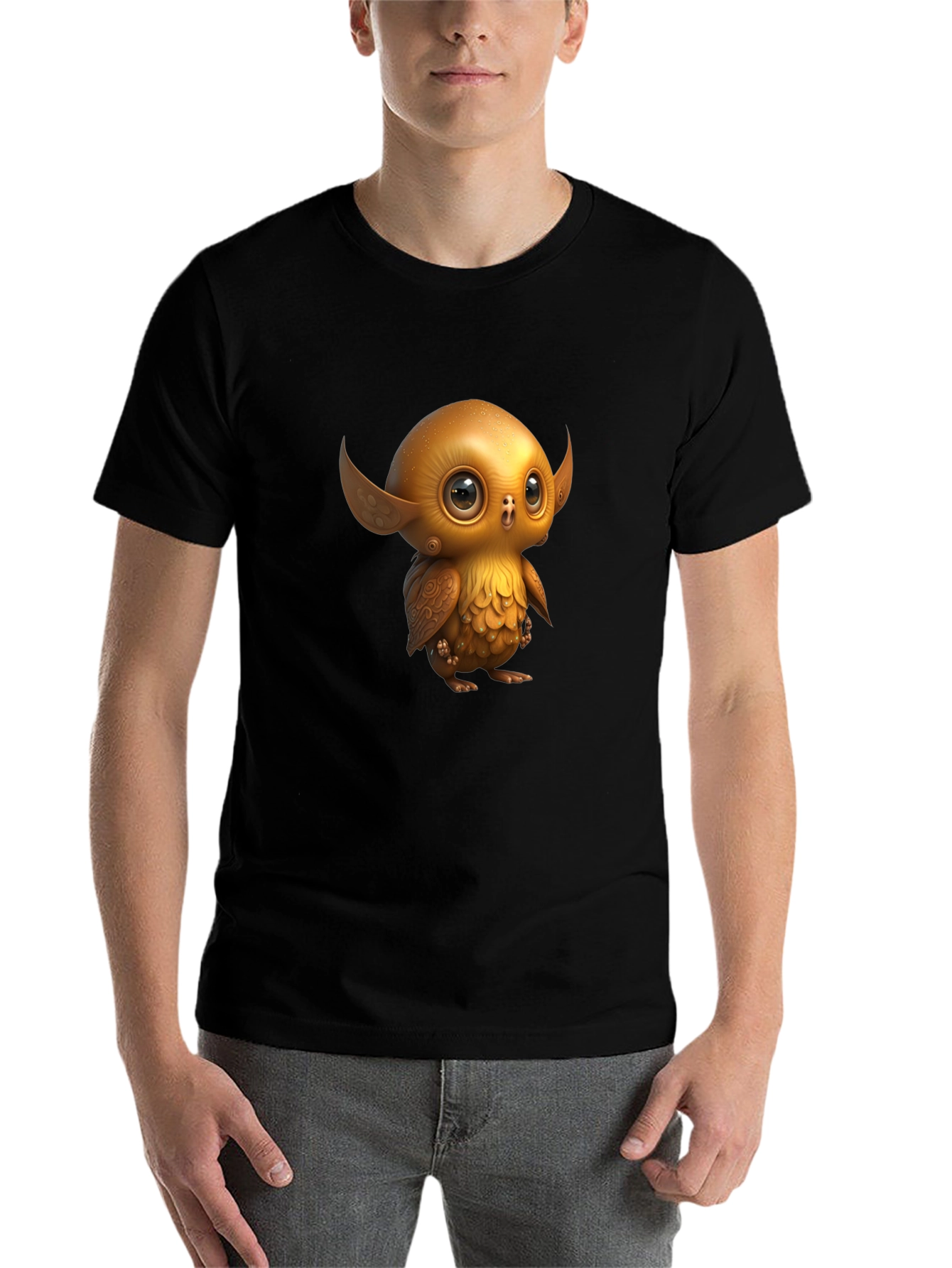 Black Cute Golden Owl Creature Graphic Tee view 7