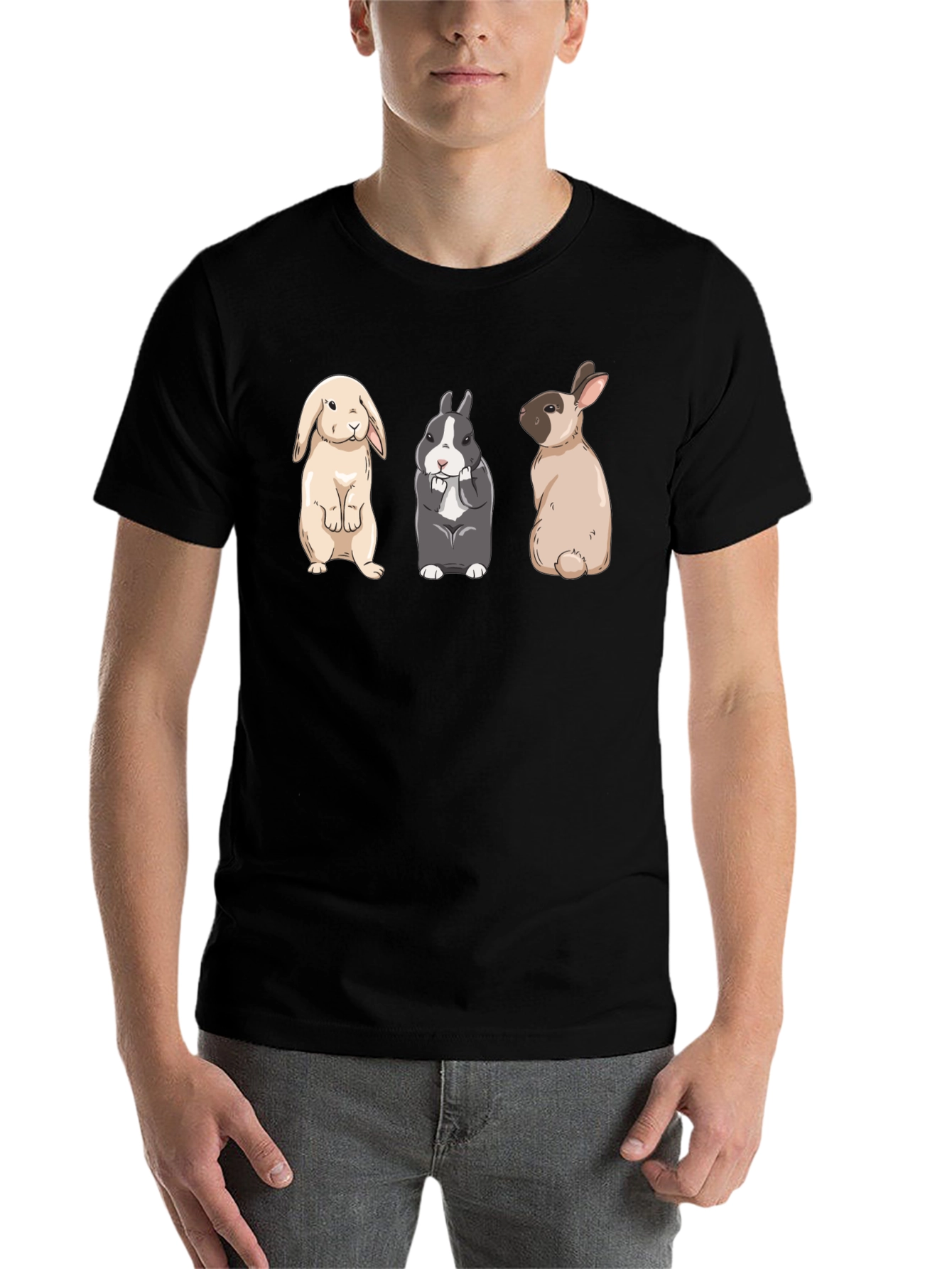 Black Three Cute Bunnies Black T-Shirt view 7