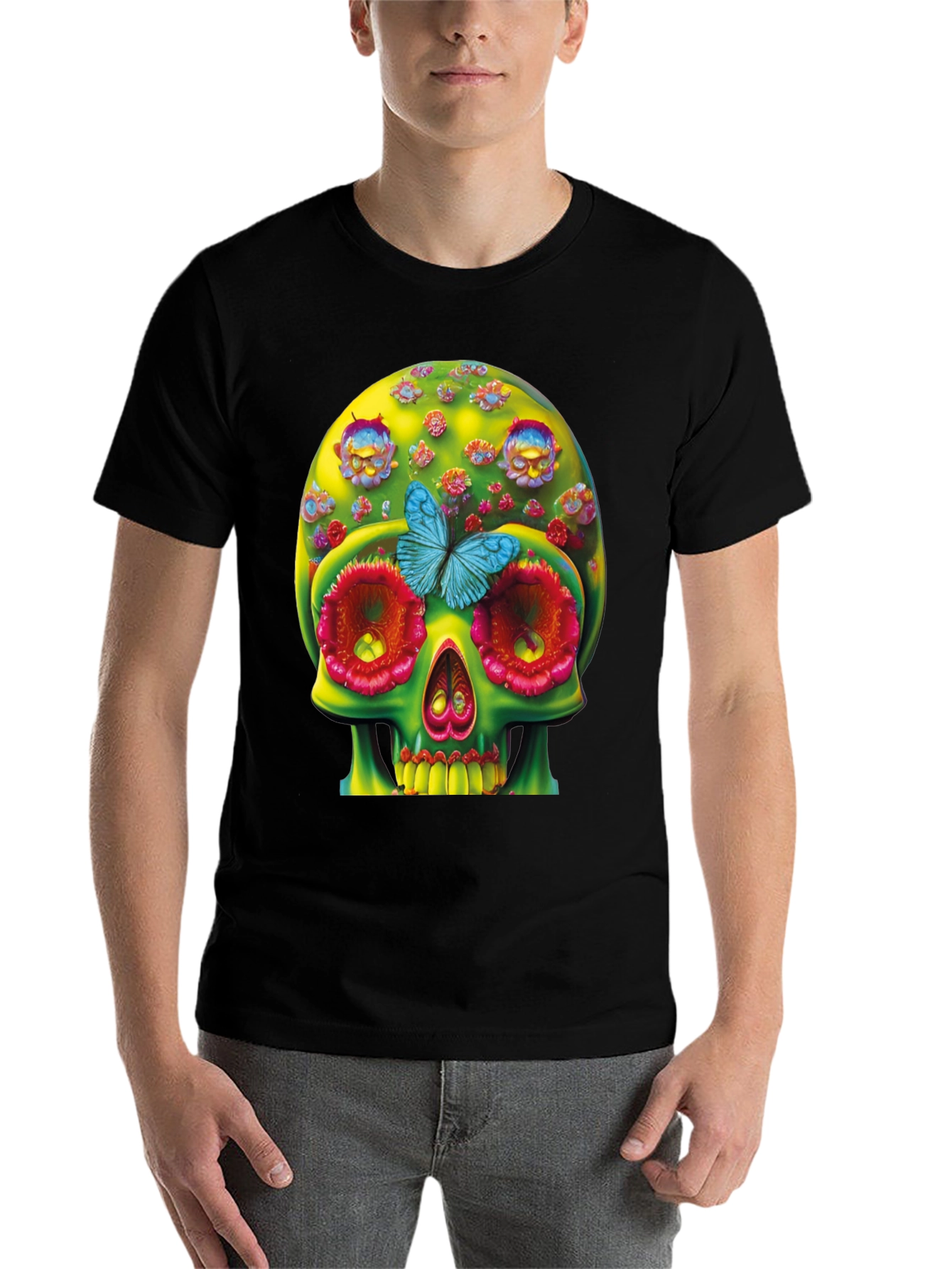 Black Floral Skull T-Shirt - Unique Graphic Tee view 7
