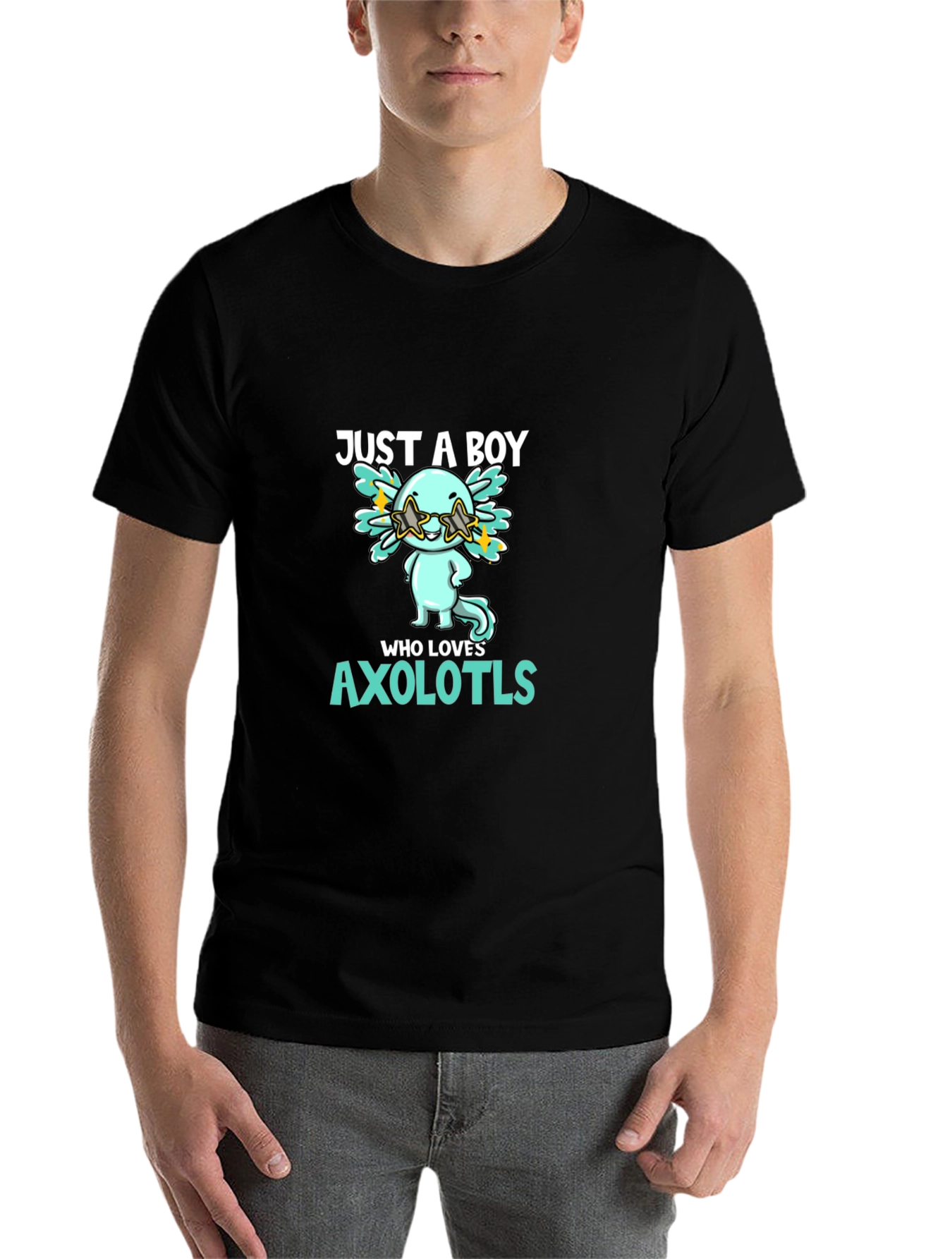 Black Just A Boy Who Loves Axolotls T-Shirt view 7
