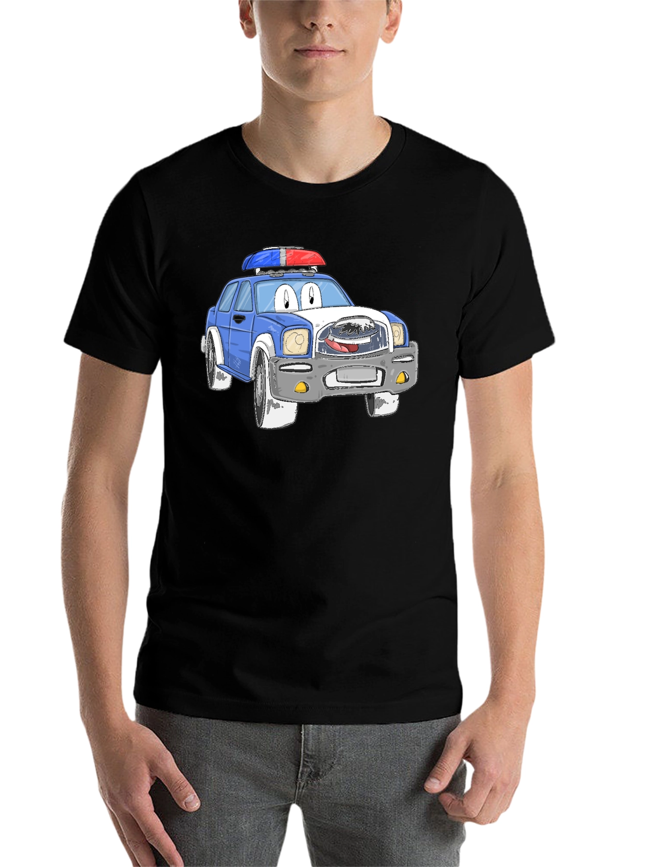 Black Cartoon Police Car Graphic T-Shirt view 7