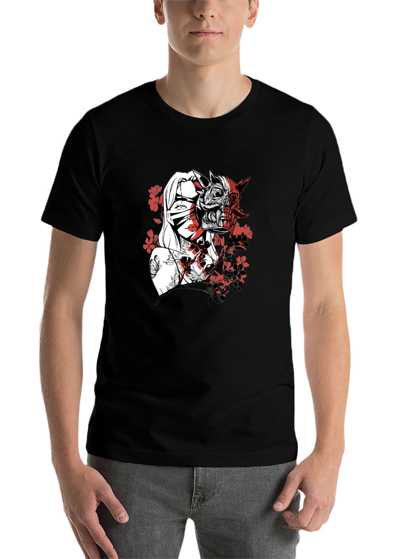 Black Men's Graphic Tee - Samurai Girl & Skull Design view 7