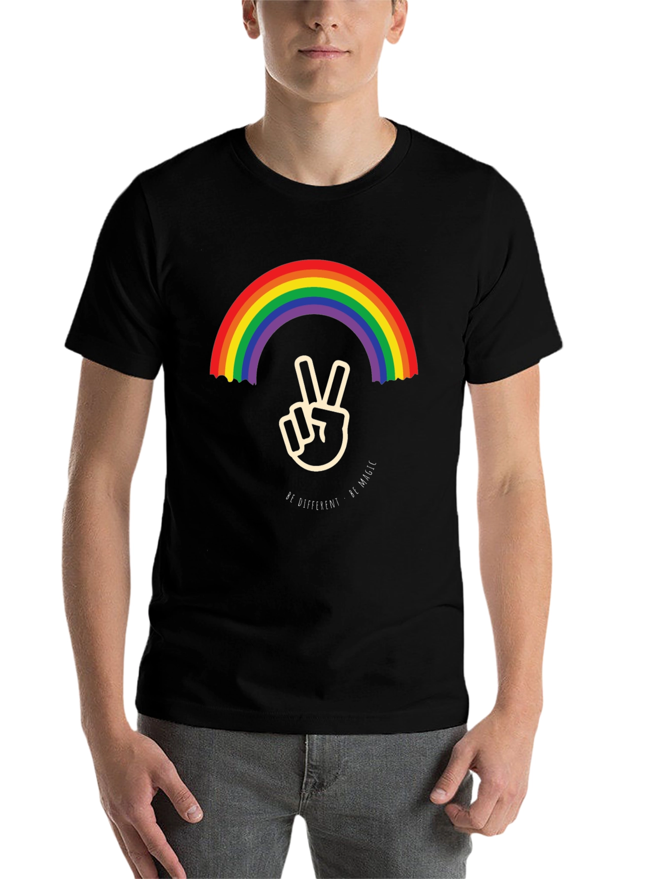 Black Rainbow Peace Sign Graphic Tee - Be Different, Be Magic view 7