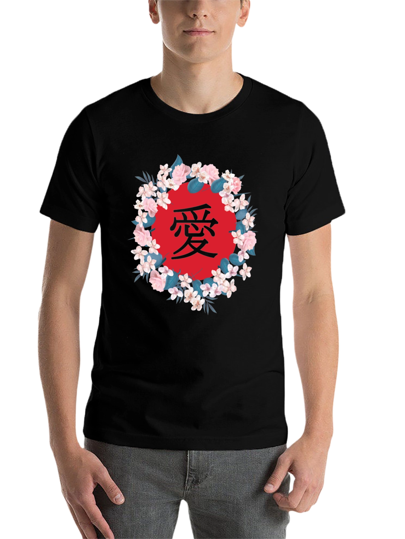 Black Floral Japanese Love Graphic T-Shirt view 7