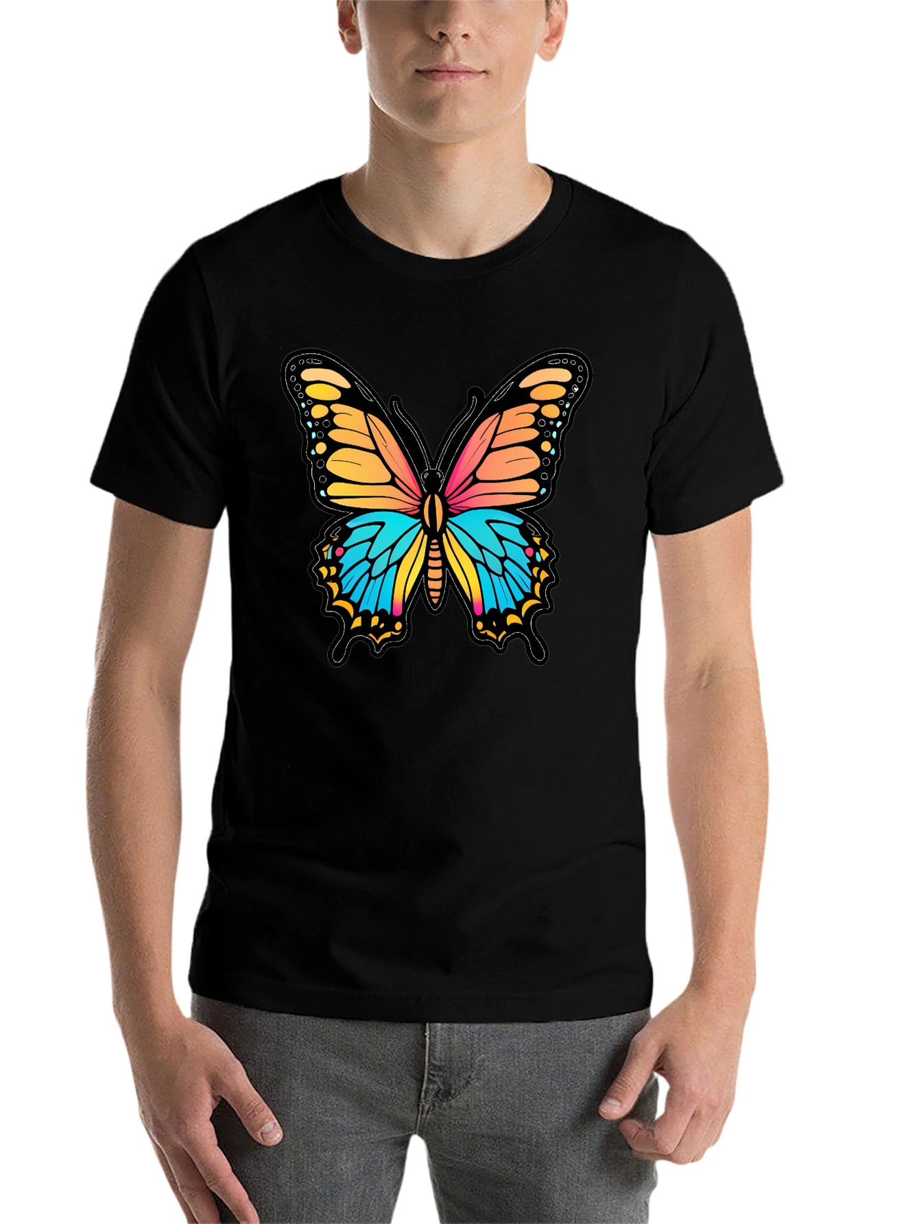 Black Vibrant Butterfly Graphic Print Black T-Shirt view 7