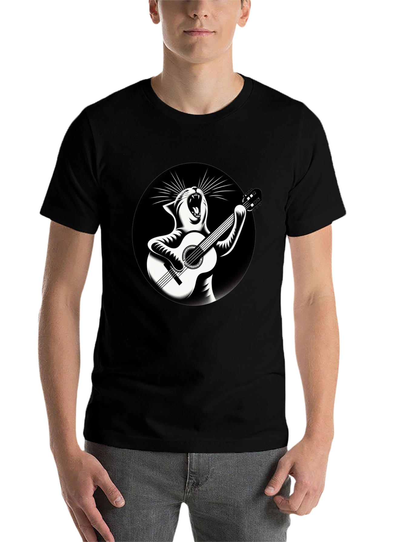 Black Cat Playing Guitar Graphic T-Shirt view 7