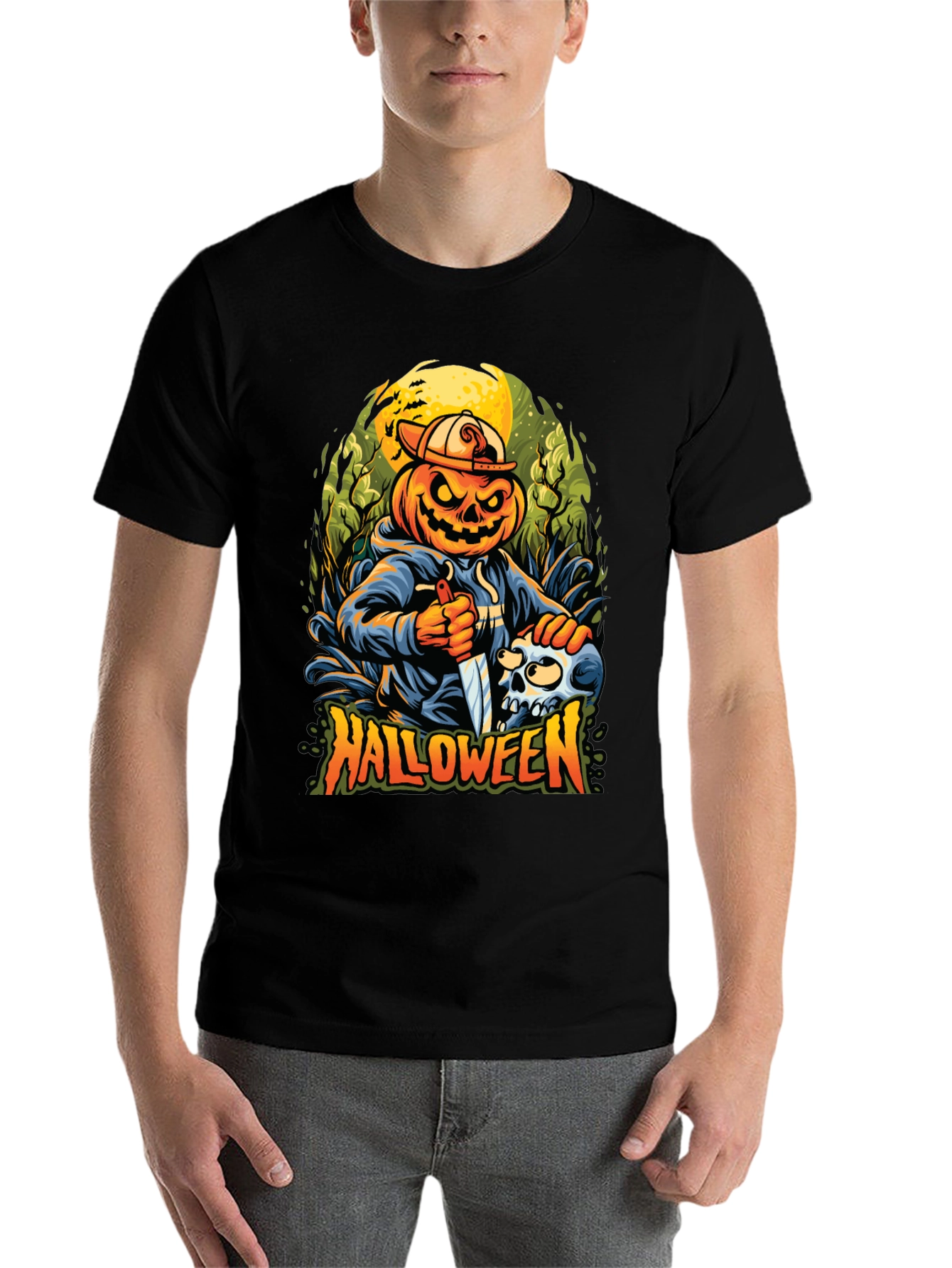 Black Halloween Pumpkin Skull Graphic Tee view 7