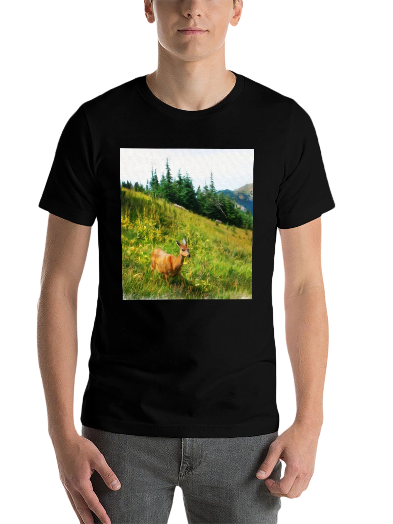 Black Nature Scene Deer Graphic Tee - Unisex Black T-Shirt view 7