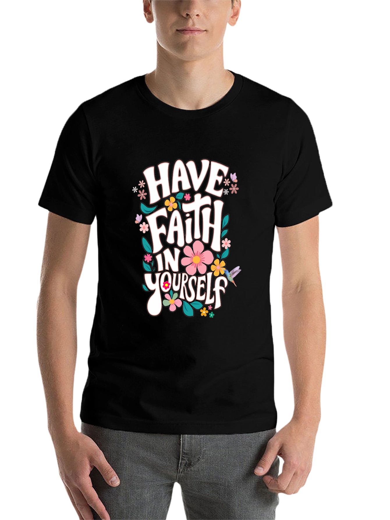 Black Faith In Yourself T-Shirt, Floral Design, Black view 7