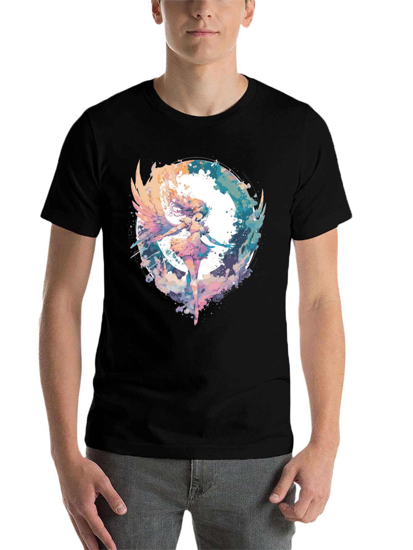 Black Anime Angel Wings T-Shirt - Watercolor Style view 7