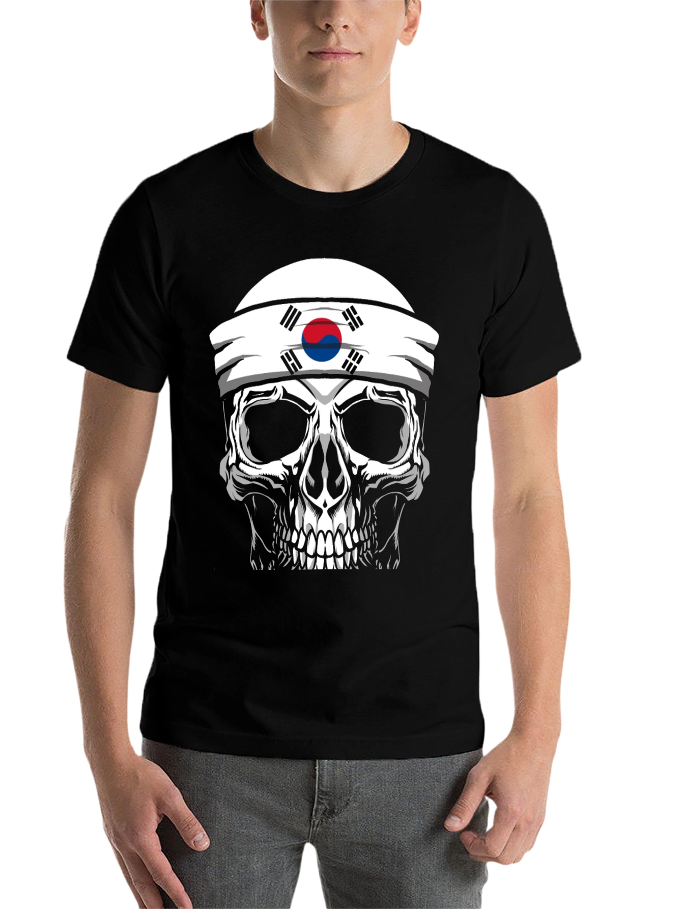 Black Skull Korea Flag Headband Men's Black T-Shirt view 7