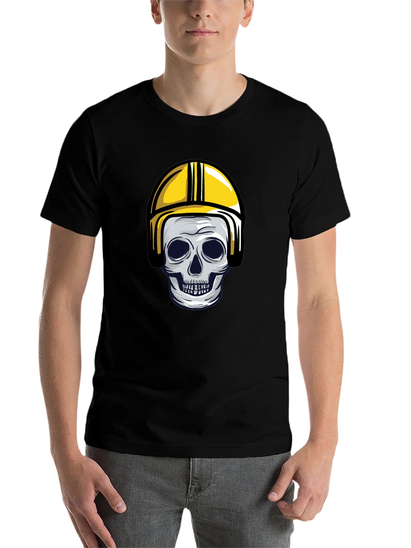 Black Skull in Yellow Helmet Graphic Tee view 7