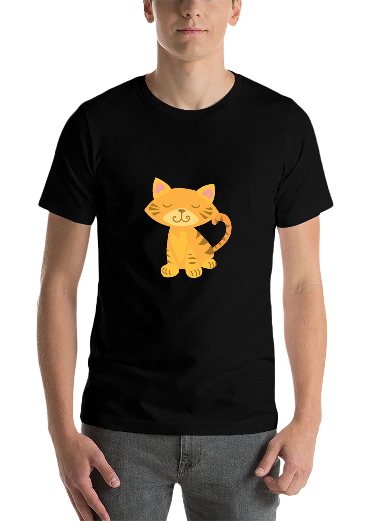 Black Cute Cartoon Cat Graphic Tee - Black Cotton T-Shirt view 7